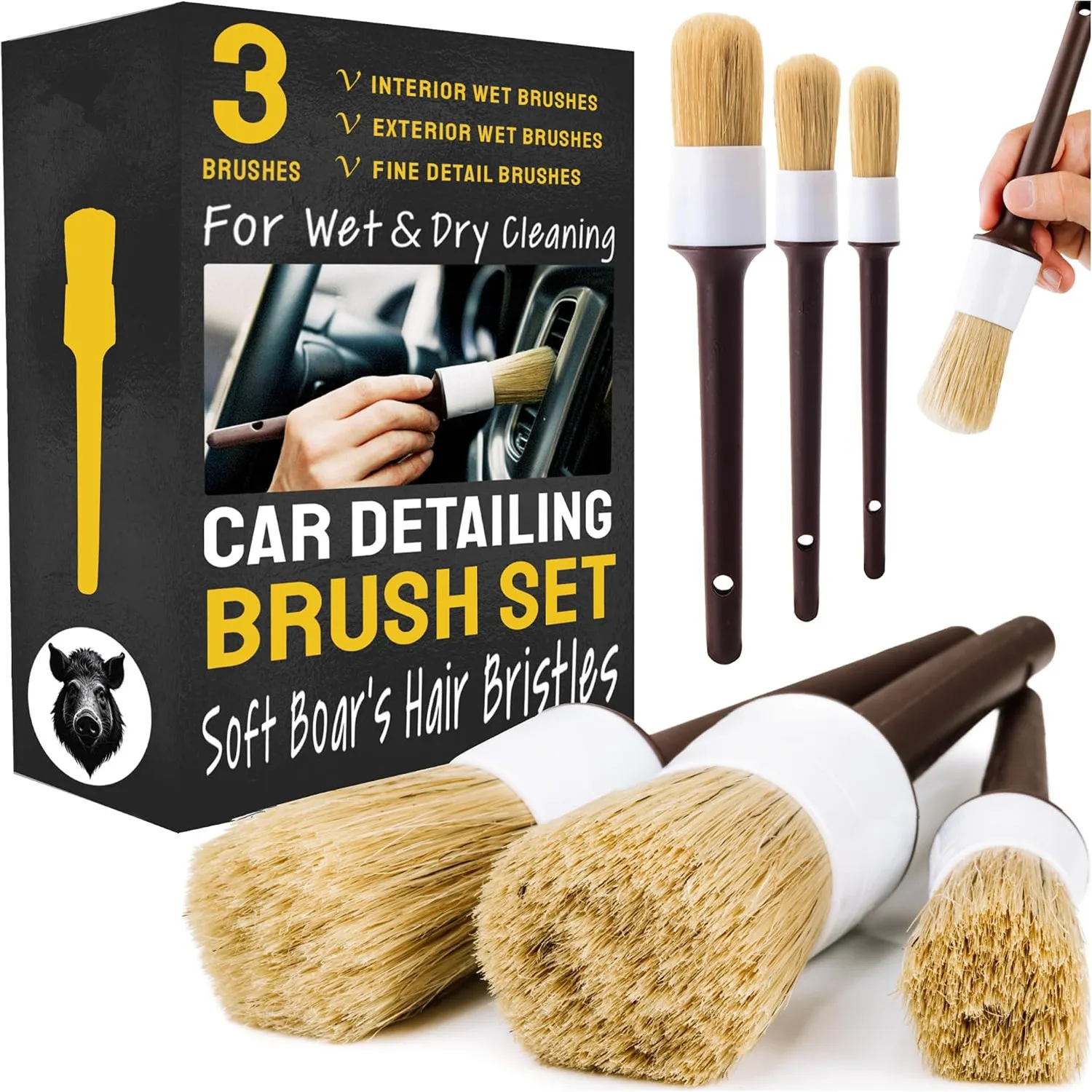 Car Detailing Brush Set Boar Hair Interior - Juego de 3 cepillos para el