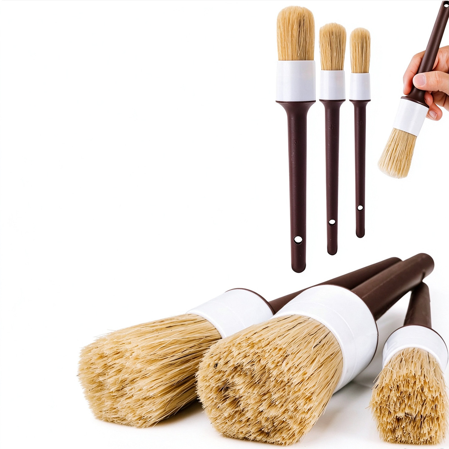 Car Detailing Brush Set Boar Hair Interior - Juego de 3 cepillos para el